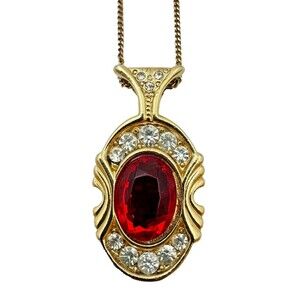 Pendant Necklace Fishtail Design Art Dec Gold Tone Ruby Red Glass Rinestone Halo